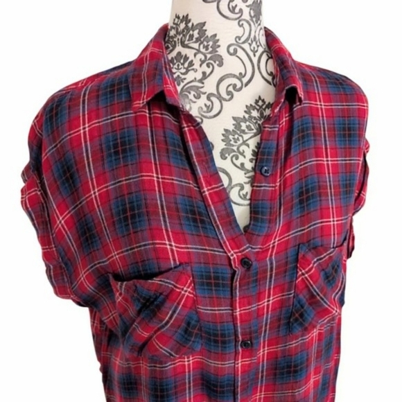 Rails Britt Short Sleeve Button Down Shirt Raspberry Navy Grunge Y2K Women's Med - Picture 6 of 12